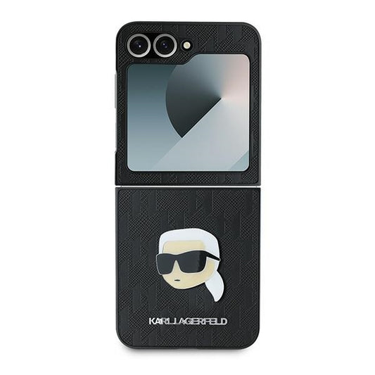 Funda para Samsung Galaxy Z Flip7 FE F761 / Z Flip6 F741, Karl Lagerfeld, Saffiano Monogram Karl's Head Metal, Negra