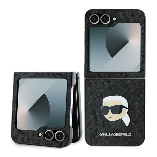 Funda para Samsung Galaxy Z Flip7 FE F761 / Z Flip6 F741, Karl Lagerfeld, Saffiano Monogram Karl's Head Metal, Negra