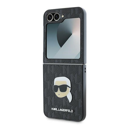 Funda para Samsung Galaxy Z Flip7 FE F761 / Z Flip6 F741, Karl Lagerfeld, Saffiano Monogram Karl's Head Metal, Negra