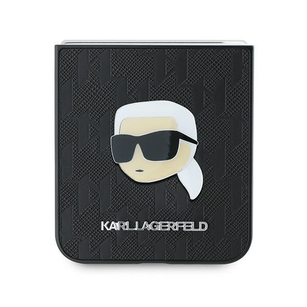 Funda para Samsung Galaxy Z Flip7 FE F761 / Z Flip6 F741, Karl Lagerfeld, Saffiano Monogram Karl's Head Metal, Negra