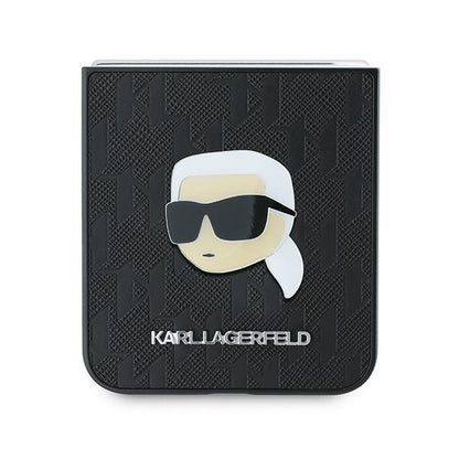 Funda para Samsung Galaxy Z Flip7 FE F761 / Z Flip6 F741, Karl Lagerfeld, Saffiano Monogram Karl's Head Metal, Negra