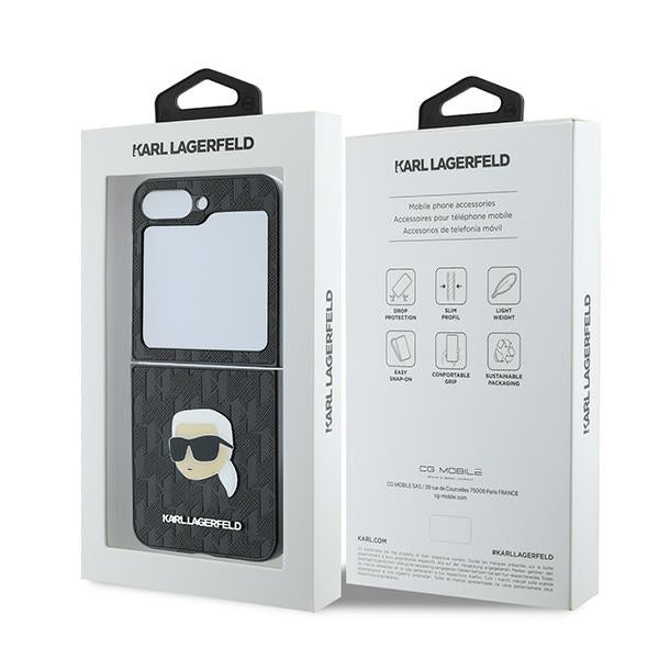 Funda para Samsung Galaxy Z Flip7 FE F761 / Z Flip6 F741, Karl Lagerfeld, Saffiano Monogram Karl's Head Metal, Negra