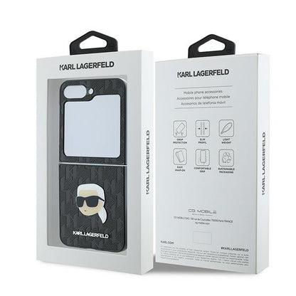 Funda para Samsung Galaxy Z Flip7 FE F761 / Z Flip6 F741, Karl Lagerfeld, Saffiano Monogram Karl's Head Metal, Negra