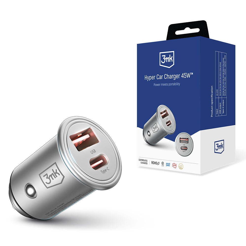 Cargador de coche 3MK Hyper, 45W, 3A, 1 x USB-A - 1 x USB-C, Plata 