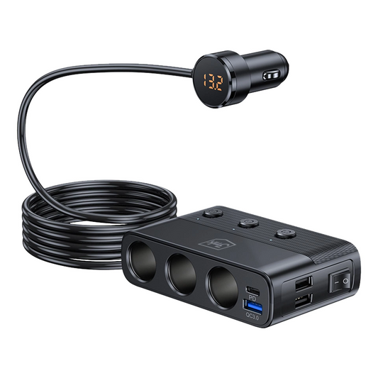 Cargador de Coche 3MK Power Splitter, 120W, 3A, 3 x USB-A - 1 x USB-C - 3 x Extensión Mechero, Negro