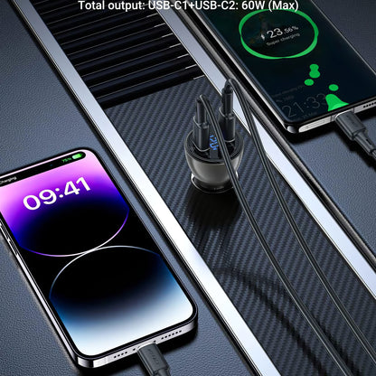 Cargador de coche Acefast B10, 60W, 3A, 2 x USB-C, Negro 