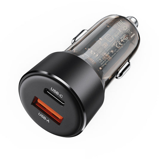 Cargador de coche Acefast B12, 60W, 3A, 1 x USB-A - 1 x USB-C, Negro