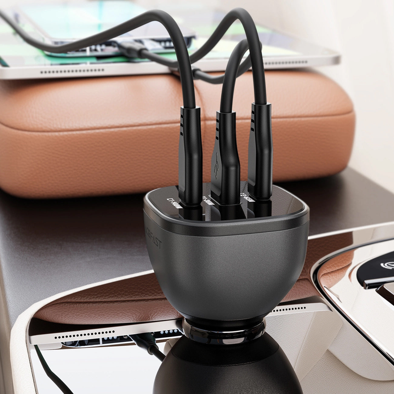 Cargador de coche Acefast B14, 165W, 5A, 1 x USB-A - 2 x USB-C, Negro
