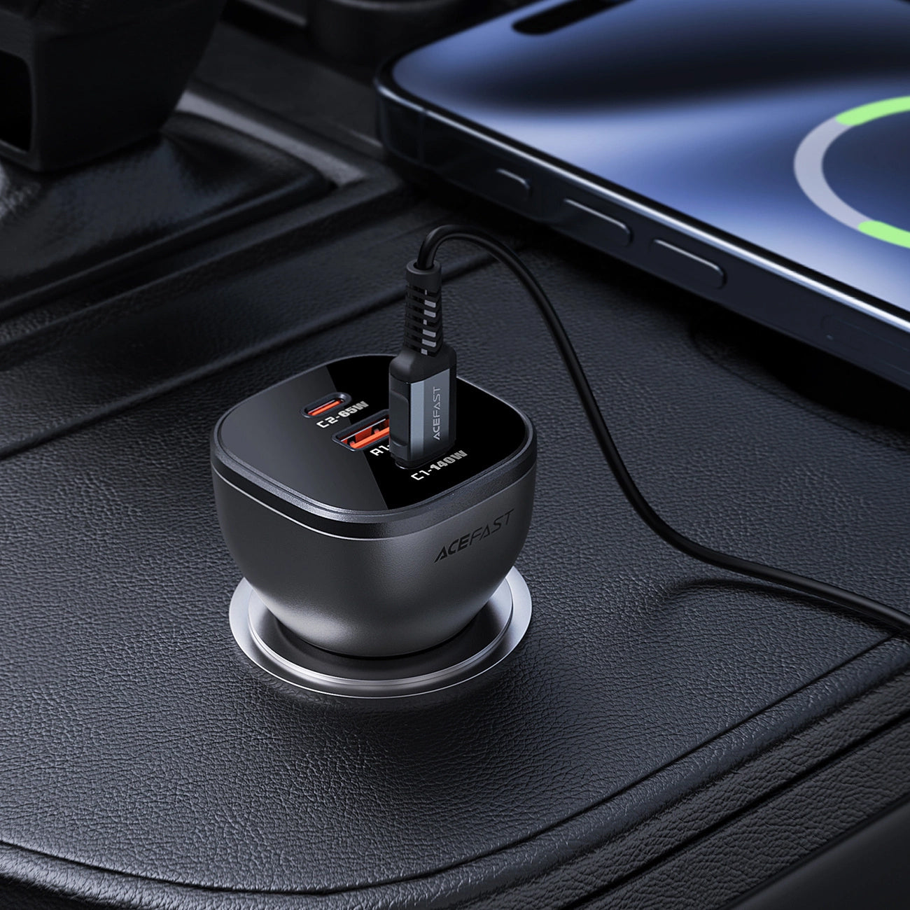 Cargador de coche Acefast B14, 165W, 5A, 1 x USB-A - 2 x USB-C, Negro