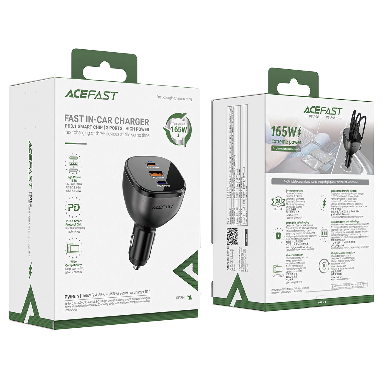 Cargador de coche Acefast B14, 165W, 5A, 1 x USB-A - 2 x USB-C, Negro