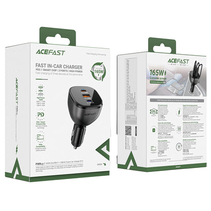 Cargador de coche Acefast B14, 165W, 5A, 1 x USB-A - 2 x USB-C, Negro