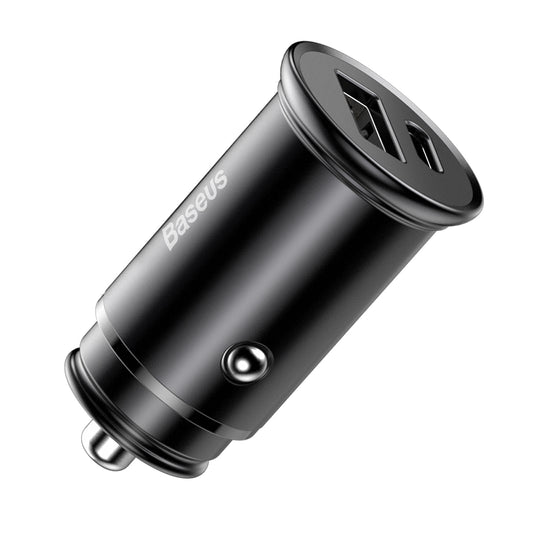 Cargador de coche Baseus Circular Metal, 30W, 5A, 1 x USB-A - 1 x USB-C, Negro