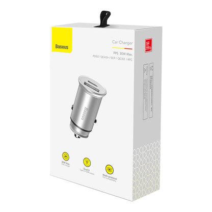 Cargador de Coche Baseus Circular Metal, 30W, 5A, 1 x USB-A - 1 x USB-C, Gris