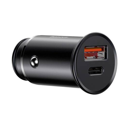 Cargador de coche Baseus Circular Metal, 30W, 5A, 1 x USB-A - 1 x USB-C, Negro