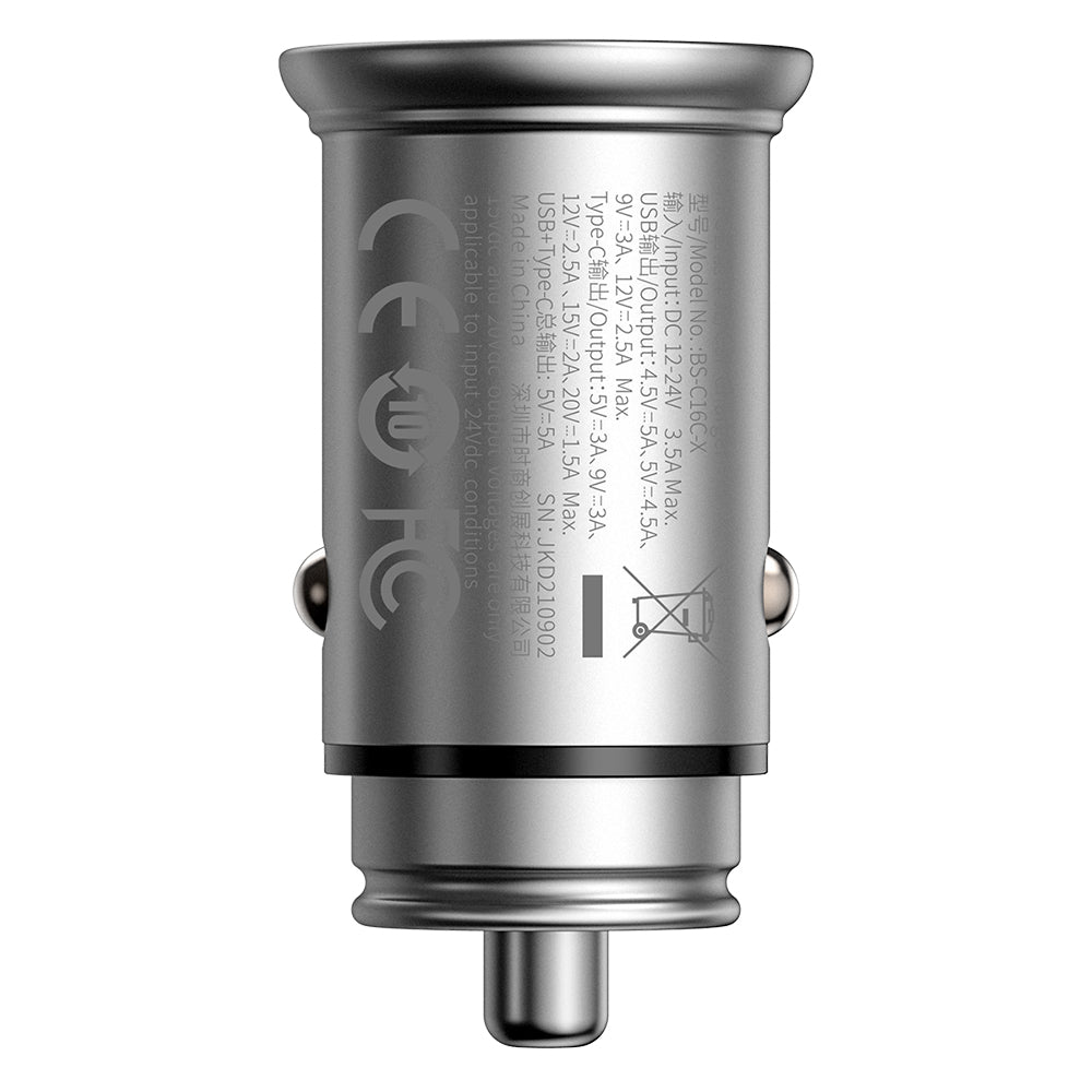 Cargador de Coche Baseus Circular Metal, 30W, 5A, 1 x USB-A - 1 x USB-C, Gris