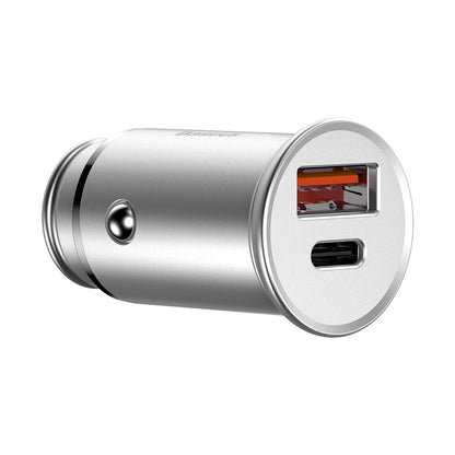 Cargador de Coche Baseus Circular Metal, 30W, 5A, 1 x USB-A - 1 x USB-C, Gris