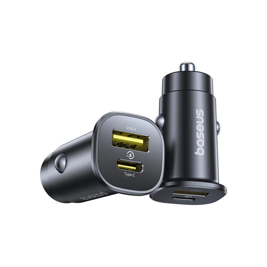 Cargador de coche Baseus GoTrip, 30W, 3A, 1 x USB-A - 1 x USB-C, Negro