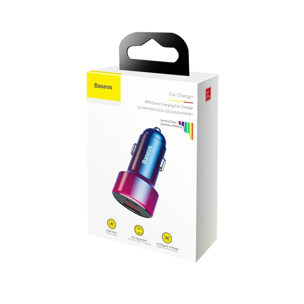 Cargador de coche Baseus Magic Display Series, 45W, 5A, 1 x USB-A - 1 x USB-C, Multicolor CCMLC20C-09