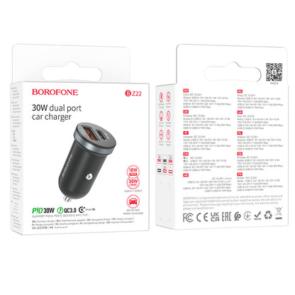 Cargador de coche Borofone BZ22 Scenery, 30W, 3A, 1 x USB-A - 1 x USB-C, Negro 