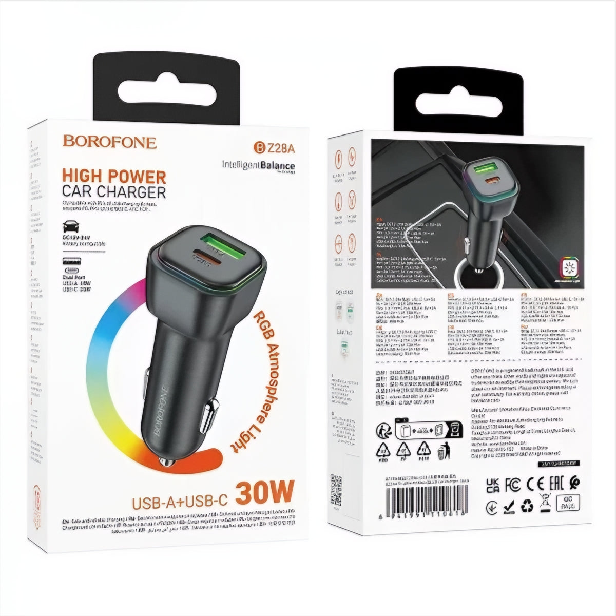 Cargador de coche Borofone BZ28A Trophie, 30W, 3A, 1 x USB-A - 1 x USB-C, Negro