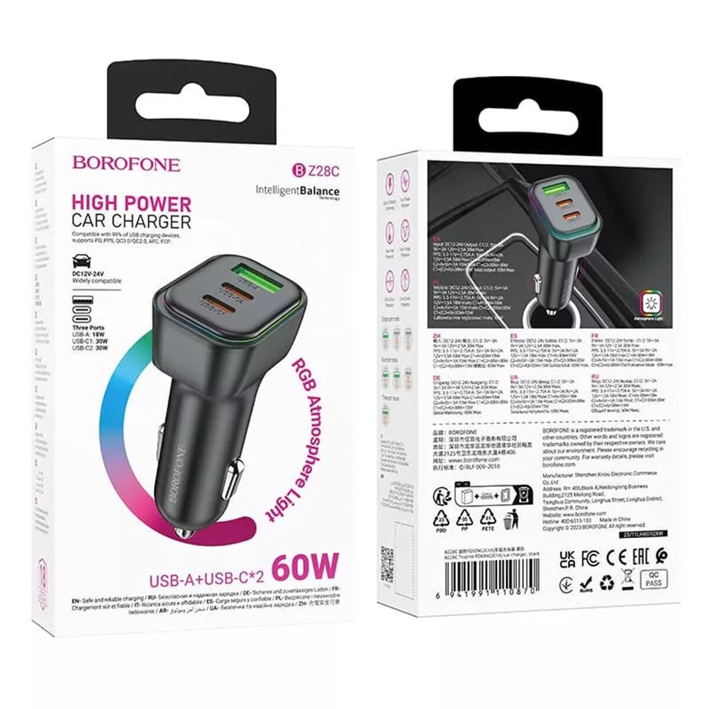 Cargador de coche Borofone BZ28C Trophie, 60W, 3A, 1 x USB-A, 2 x USB-C, Negro