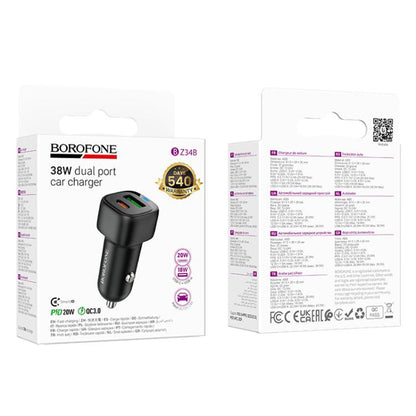 Cargador de coche Borofone BZ34B Cloud, 38W, 3A, 1 x USB-A - 1 x USB-C, Negro