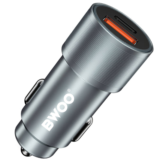 Cargador de coche BWOO BO-CC73, 38W, 3A, 1 x USB-A - 1 x USB-C, Plata 