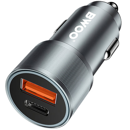 Cargador de coche BWOO BO-CC73, 38W, 3A, 1 x USB-A - 1 x USB-C, Plata 