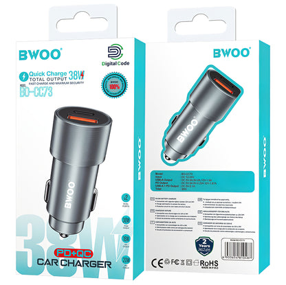 Cargador de coche BWOO BO-CC73, 38W, 3A, 1 x USB-A - 1 x USB-C, Plata 