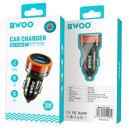 Cargador de coche BWOO BO-CC85, 38W, 3A, 1 x USB-A - 1 x USB-C, Negro 