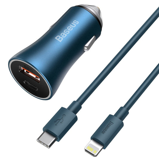 Cargador de coche con cable Lightning Baseus Golden Contactor, 40W, 3A, 1 x USB-A - 1 x USB-C, Azul TZCCJD-03