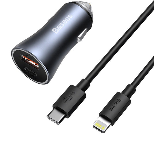 Cargador de coche con cable Lightning Baseus Golden Contactor, 40W, 3A, 1 x USB-A - 1 x USB-C, Gris TZCCJJD-B0G