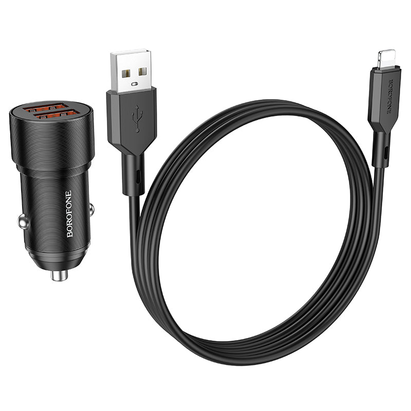 Cargador de coche con cable Lightning Borofone BZ19 Wisdom, 12W, 2.4A, 2 x USB-A, Negro 