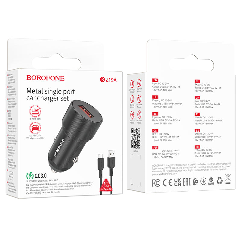 Cargador de coche con cable USB-C Borofone BZ19A Wisdom, 18W, 3A, 1 x USB-A, Negro 