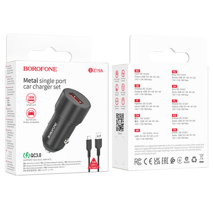 Cargador de coche con cable USB-C Borofone BZ19A Wisdom, 18W, 3A, 1 x USB-A, Negro 