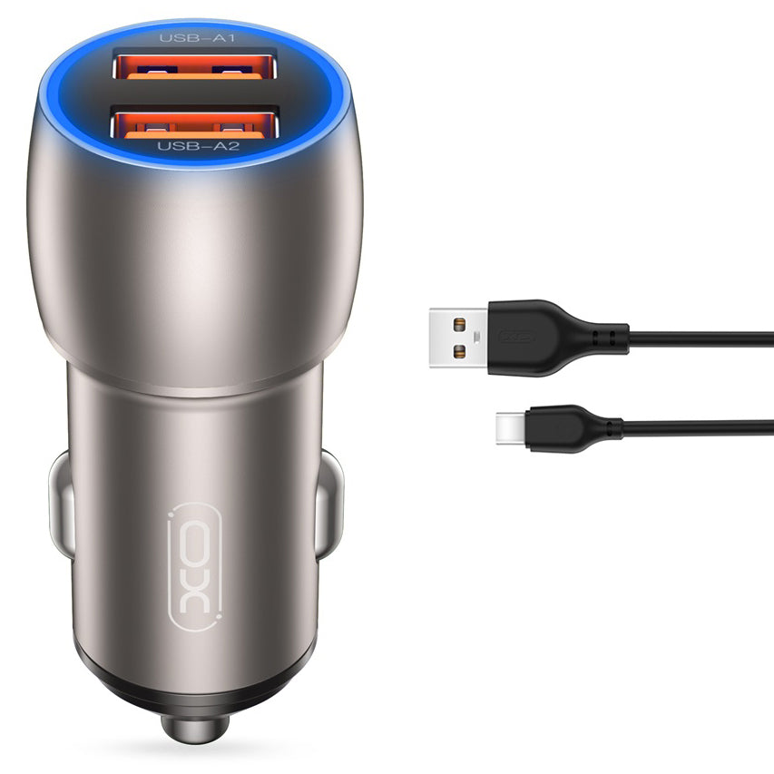 Cargador de coche con cable USB-C XO Design CC52, 36W, 3A, 2 x USB-A, Gris 