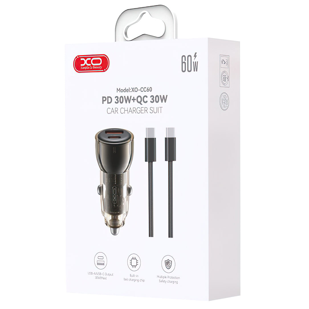 Cargador de coche con cable USB-C XO Design CC60, 60W, 3A, 1 x USB-A - 1 x USB-C, Negro