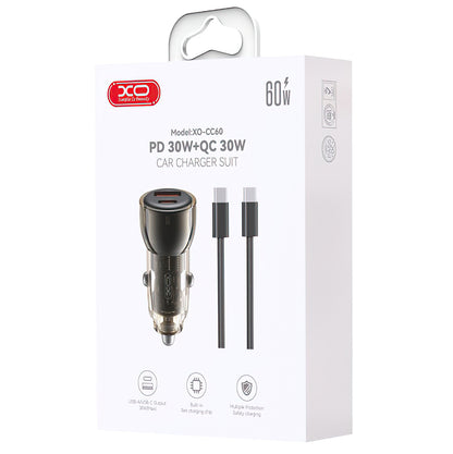 Cargador de coche con cable USB-C XO Design CC60, 60W, 3A, 1 x USB-A - 1 x USB-C, Negro
