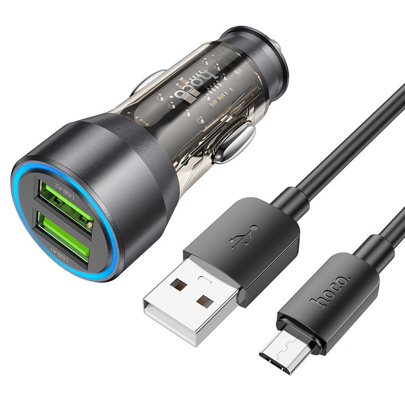 Cargador de coche con cable microUSB HOCO NZ12, 36W, 3A, 2 x USB-A, Negro 