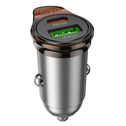 Cargador de coche con cable Lightning HOCO NZ16A, 43W, 3A, 1 x USB-A - 1 x USB-C, Gris