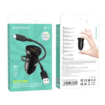 Car Charger with microUSB Cable Borofone BZ18, 18W, 3A, 1 x USB-A, Black