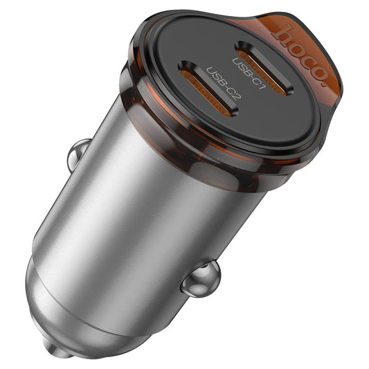 Cargador de coche con cable Lightning HOCO NZ16B, 45W, 3A, 2 x USB-C, Gris