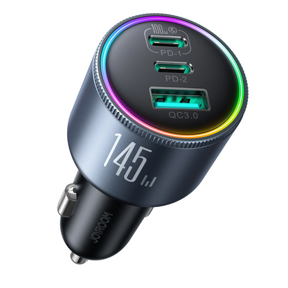 Cargador de coche con cable USB-C Joyroom JR-CCN07, 145W, 5A, 1 x USB-A - 2 x USB-C, Gris