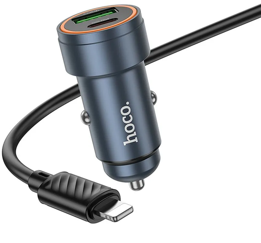 Cargador de coche con cable Lightning HOCO Z57A, 30W, 3A, 1 x USB-A - 1 x USB-C, Gris