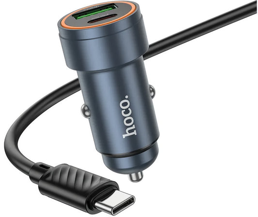 Cargador de Coche con Cable USB-C HOCO Z57A, 30W, 3A, 1 x USB-A - 1 x USB-C, Gris
