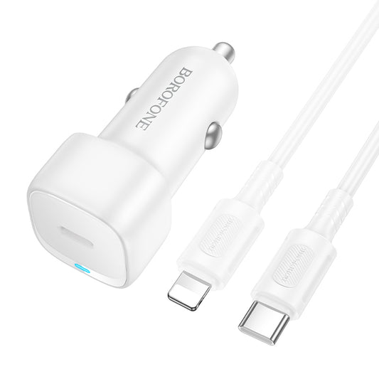 Cargador de coche con cable Lightning Borofone BZ34B Cloud, 20W, 3A, 1 x USB-A - 1 x USB-C, Blanco