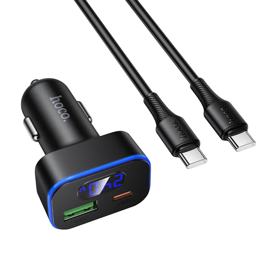Cargador de Coche con Cable USB-C HOCO Z63B Display, 48W, 3A, 1 x USB-A - 1 x USB-C, Negro