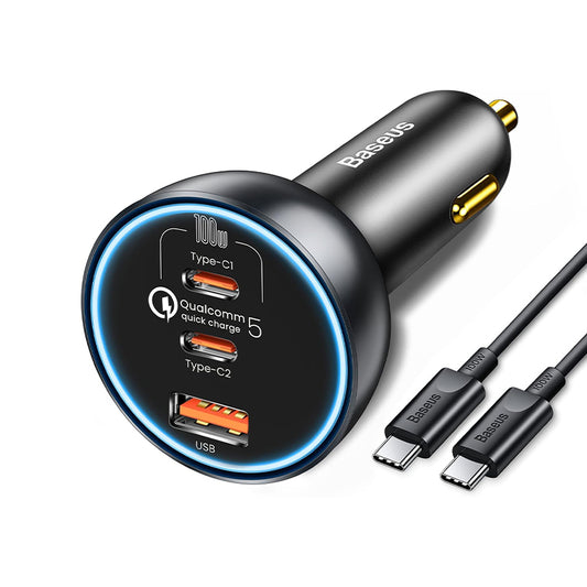 Cargador de coche con cable USB-C Baseus Qualcomm, 160W, 3A, 1 x USB-A - 2 x USB-C, Gris TZCCZZM-0G