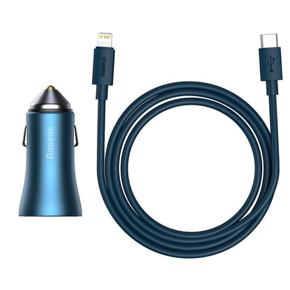 Cargador de coche con cable Lightning Baseus Golden Contactor, 40W, 3A, 1 x USB-A - 1 x USB-C, Azul TZCCJD-03