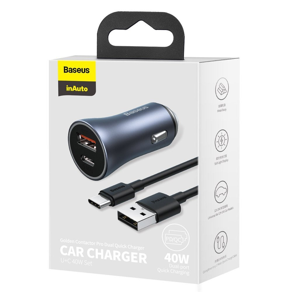 Cargador de coche con cable USB-C Baseus Golden Contactor, 40W, 5A, 1 x USB-A - 1 x USB-C, Gris TZCCJD-0G